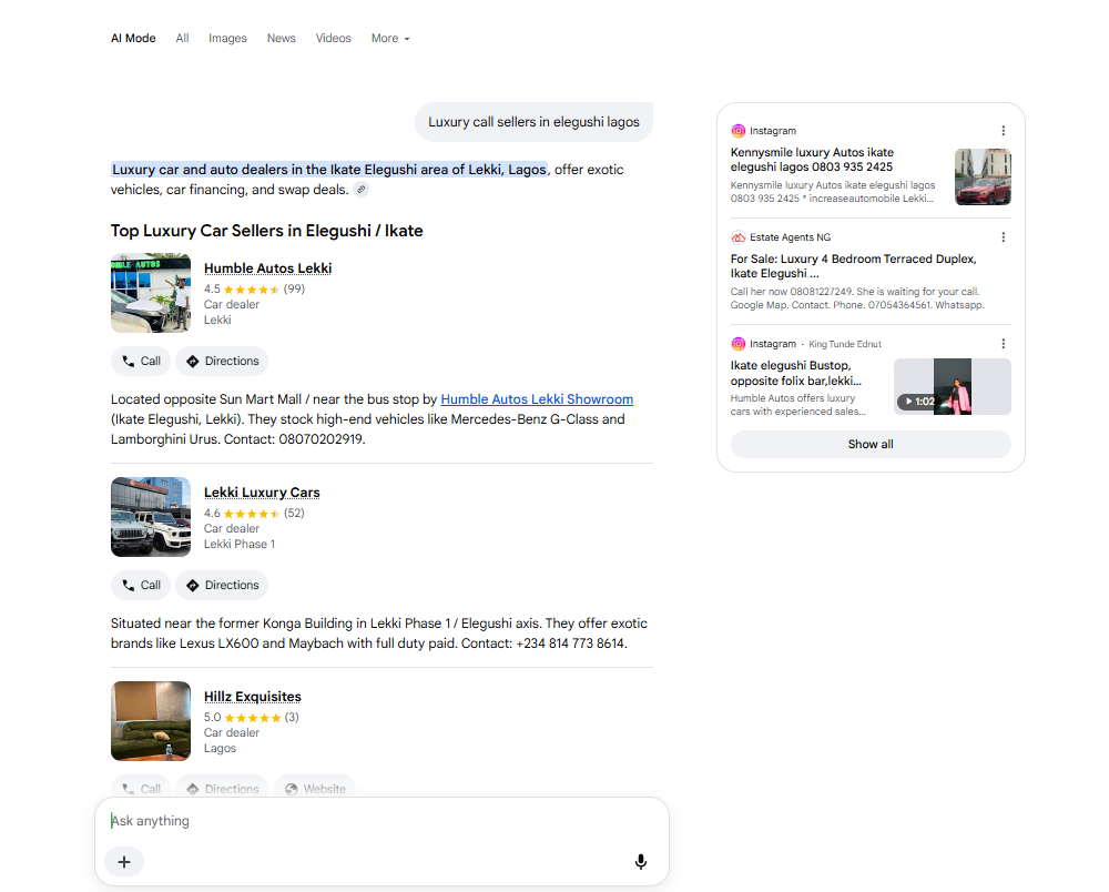 AI search overview answer showing client recommended in luxury cars search